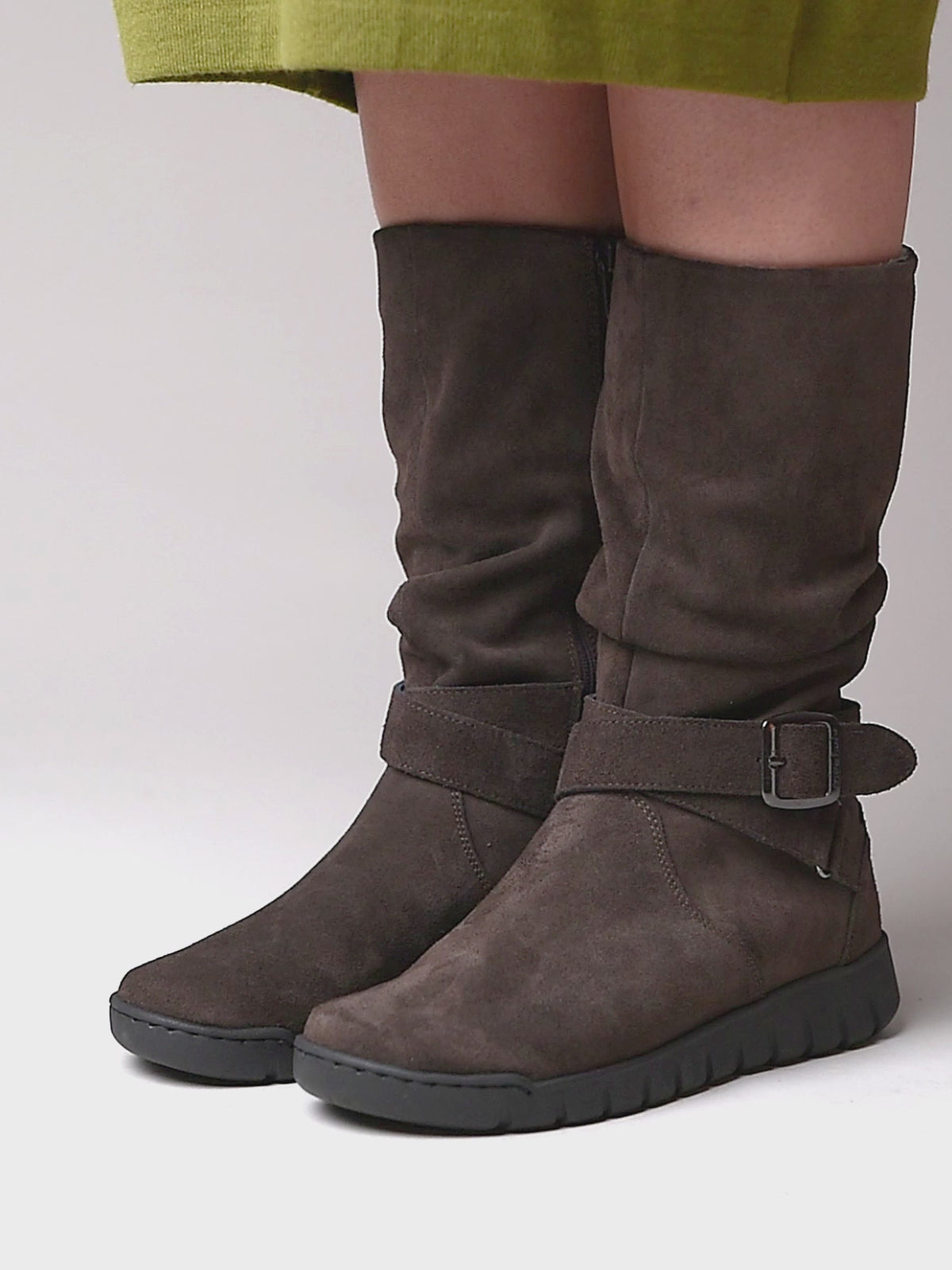 Brown ruched leather mid-length boots - MALMO BROWN SUEDE