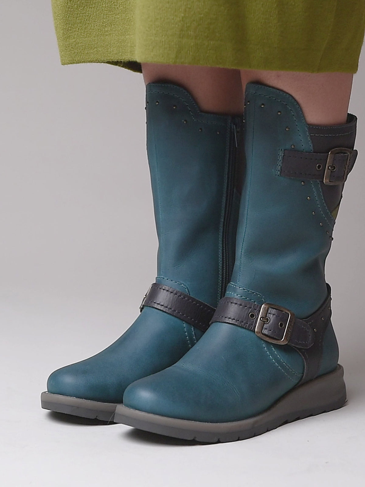 Blue mid-length biker style boots with studs - NIGHTJAR STUD LAGOON/INDIGO LEATHER