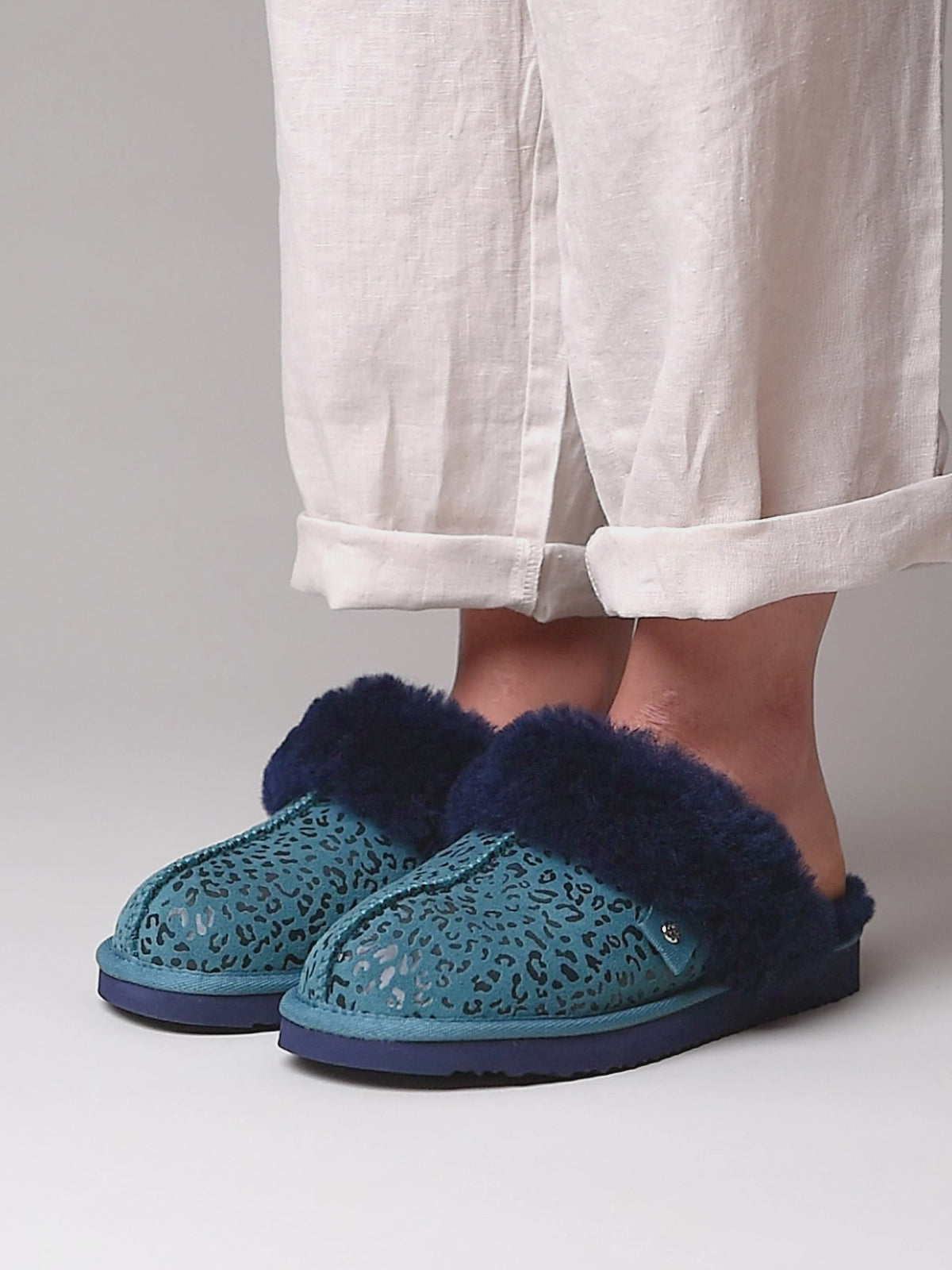 Blue / Green / Animal Print sheepskin mule slippers - TIREE LAGOON LEOPARD