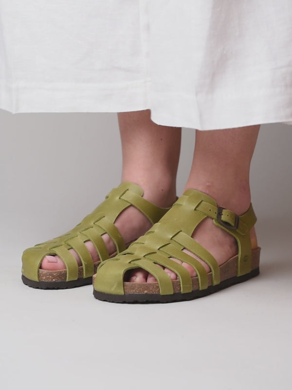 Green leather fisherman cork sandals - YARMER PESTO GREEN WAXY