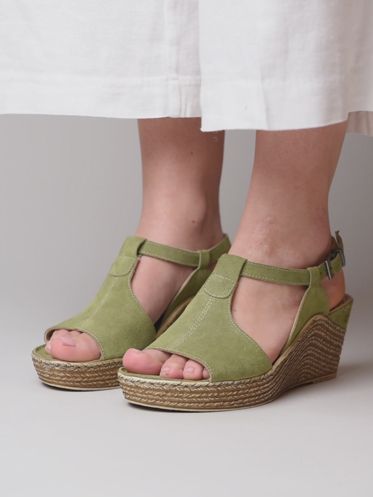 Green t-bar wedge sandals - PEACH MELBA 2 LICHEN GREEN SUEDE