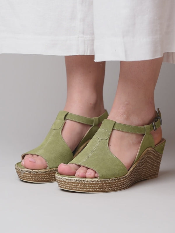 Green t-bar wedge sandals - PEACH MELBA 2 LICHEN GREEN SUEDE