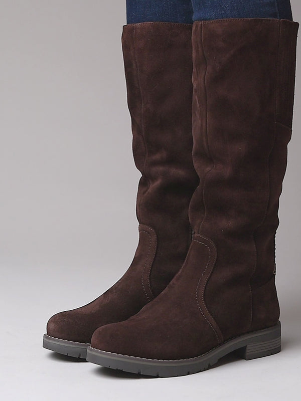 Brown long suede stretch boots with faux fur lining - LEIF BROWN SUEDE