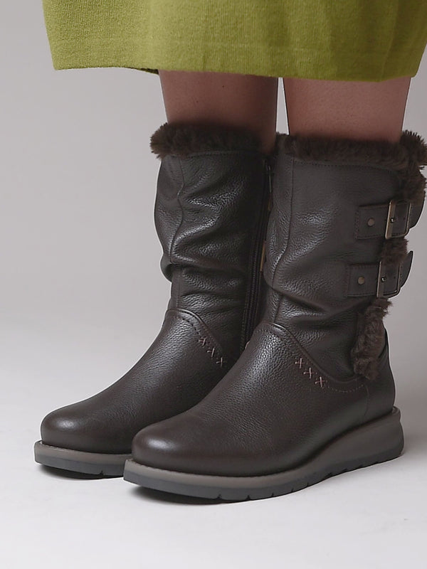 Brown leather buckle, faux fur lined mid-length boot - CORSAC BROWN LEATHER