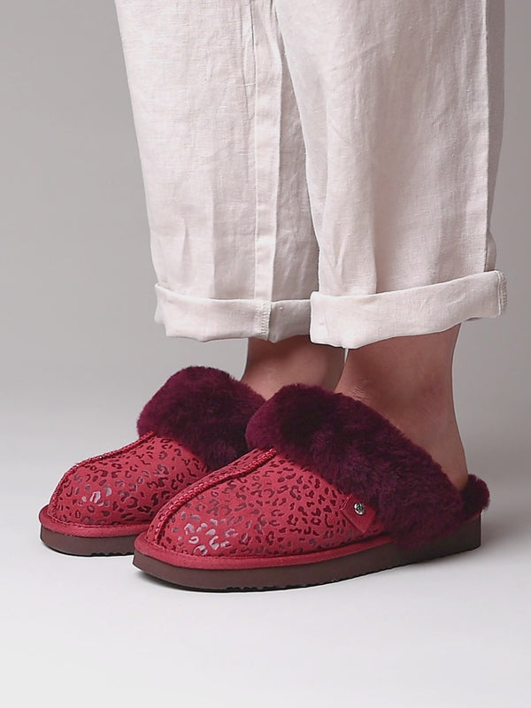 Red / Animal Print sheepskin mule slippers - TIREE RED LEOPARD