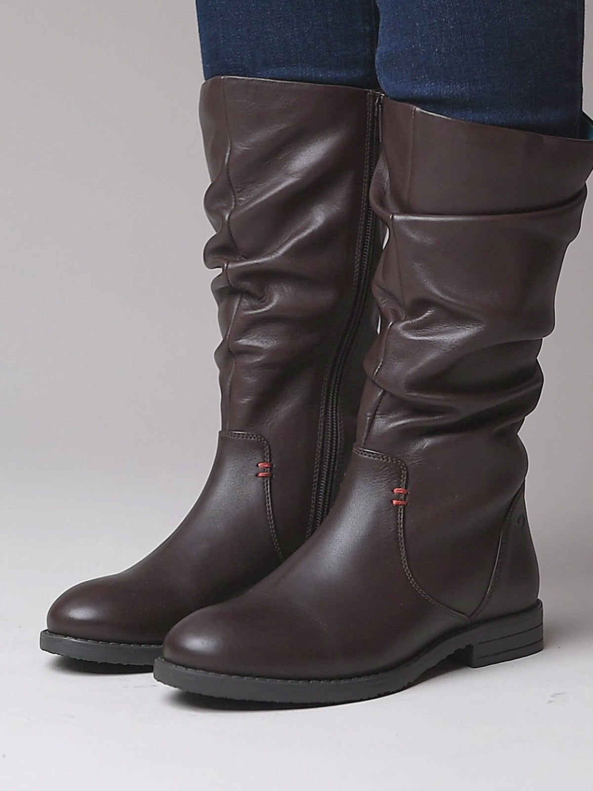 Brown slouchy leather mid calf boot - GLACIER LEATHER BROWN