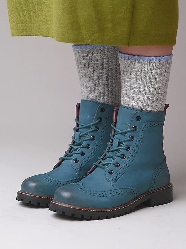 Blue / Green lace up leather brogue boots - FILICO LAGOON NUBUCK