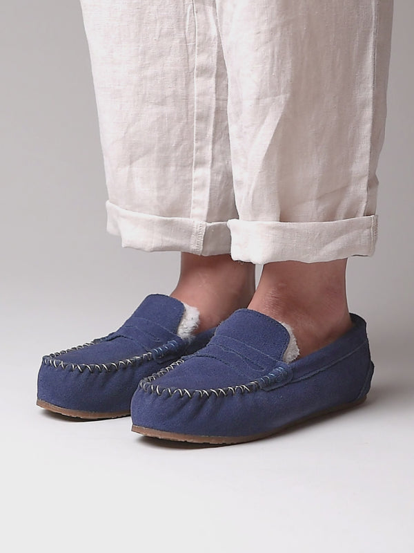 Blue suede moccasin sheepskin slippers - JOCUND INDIGO